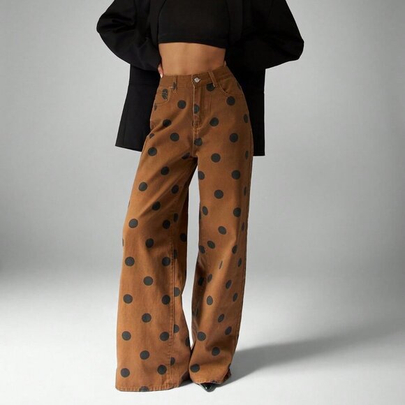 MODA ME COUTURE Denim - Brown High Waisted Casual Women's Wide Leg Polka Dot Jeans